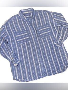 J Jill Love Linen Womens Medium Button Front Shirt Tunic Blue & White Coastal